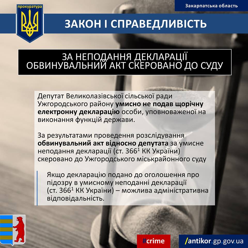 Обвинувальний акт на депутата Великолазівської сільської ради Ужгородського району скеровано до суду
