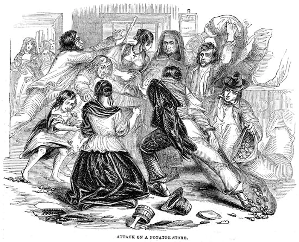 Irish Potato Famine, Government potato store being attacked by starving inhabitants of Galway.  From "The Illustrated London News",  June 1842. Wood engraving.
