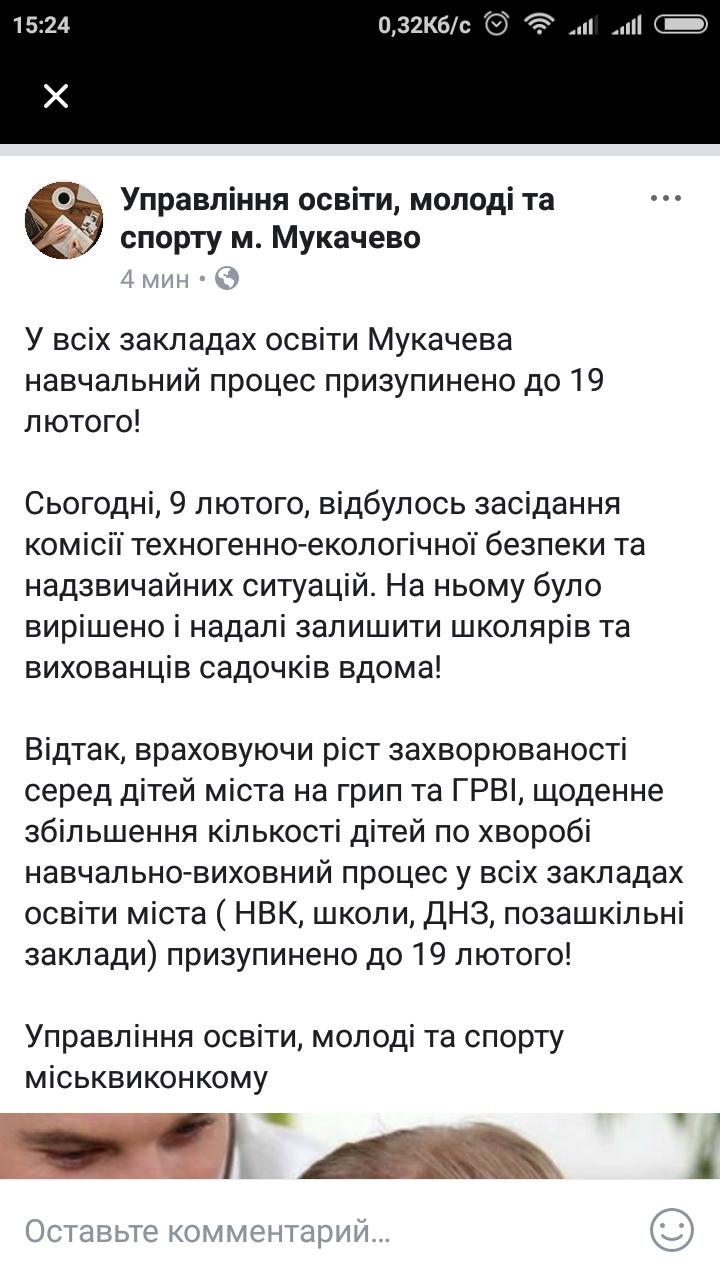 У всіх закладах освіти Мукачева карантин продовжено до 19 лютого