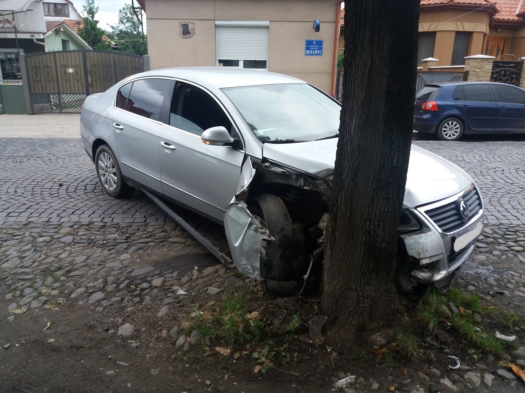 П'яний водій у Мукачеві влетів у дерево: дивом ніхто не постраждав (ФОТО)