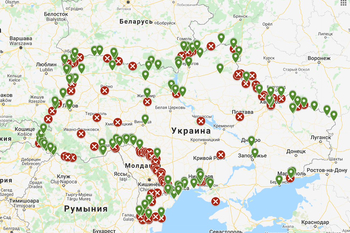 Оперативна карта роботи пунктів пропуску в Україні на час карантину