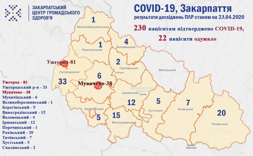 Коронавірус на Закарпатті: 230 пацієнтам підтверджено COVID-19