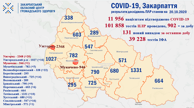 На Закарпатті за минулу добу померло 5 пацієнтів з COVID-19, ще 131 захворів (ІНФОГРАФІКА)
